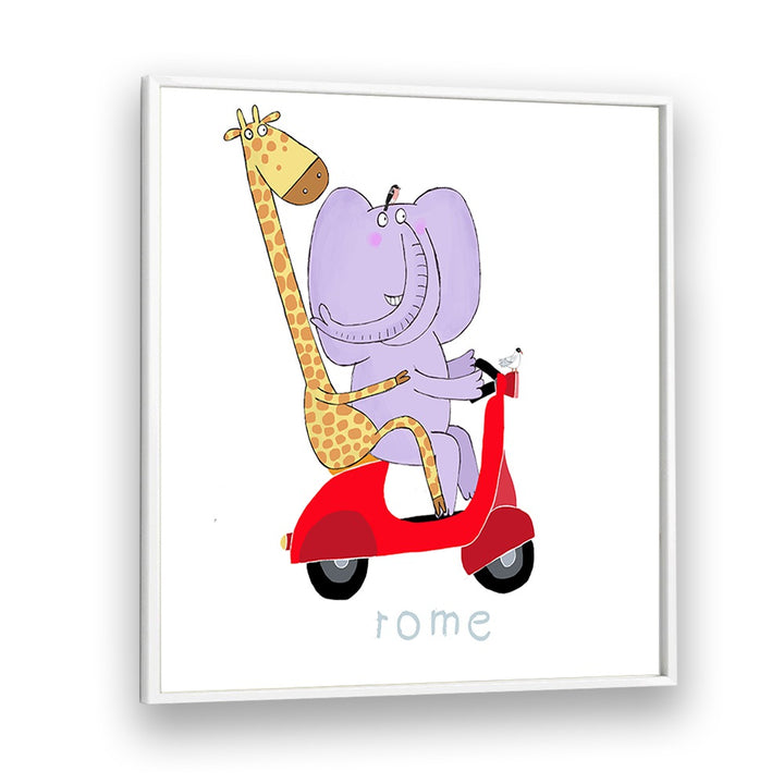 Giraffe And Elephant Travel Through The Streets Of Rome On A Vespa By Carla Daly Kids Room Painting in White Plain Frame