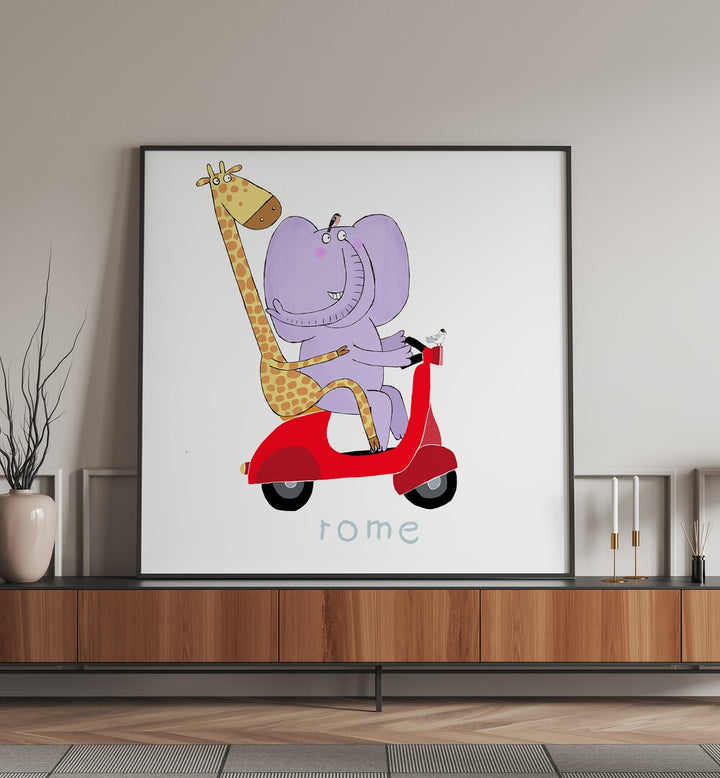 Giraffe And Elephant Travel Through The Streets Of Rome On A Vespa By Carla Daly Kids Room Paintings placed on a wall