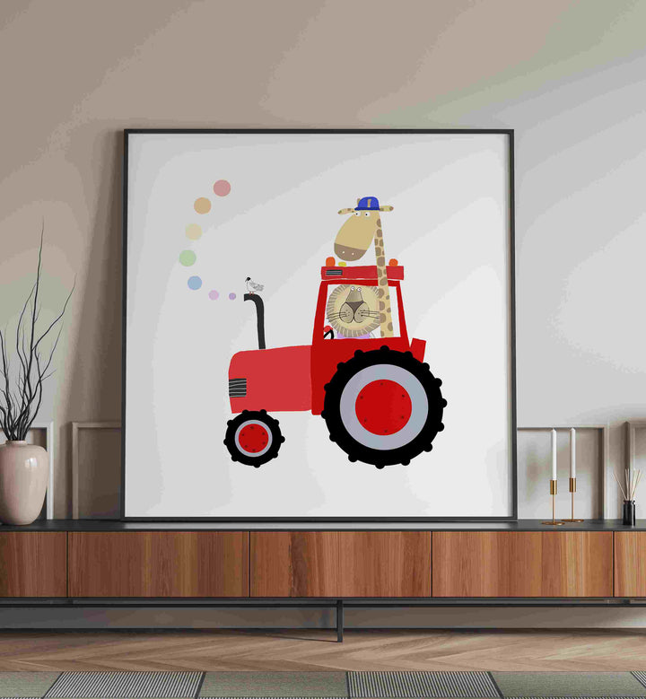 Giraffe And Lion In Red Tractor With Rainbow Spots By Carla Daly Kids Room Paintings placed on a wall