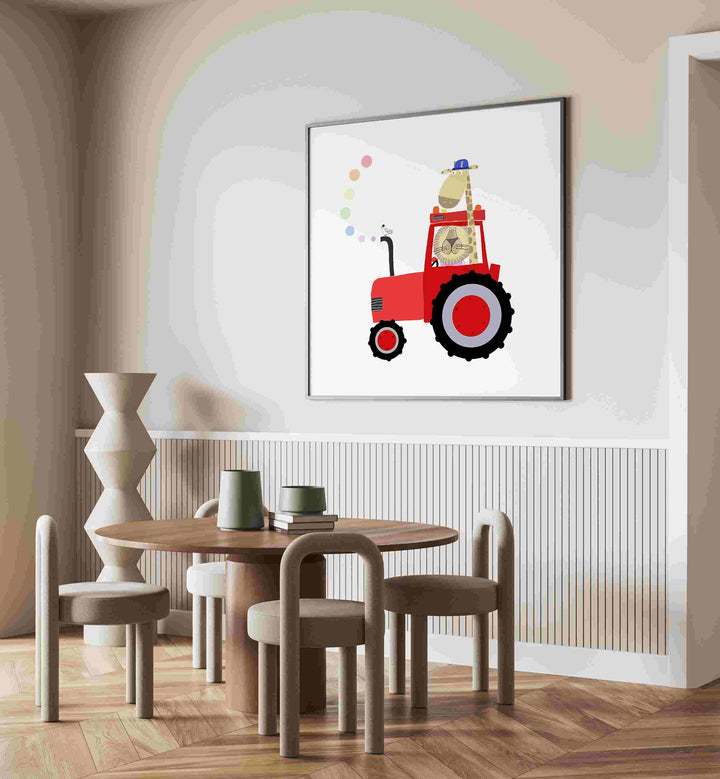 Giraffe And Lion In Red Tractor With Rainbow Spots By Carla Daly Kids Room Paintings placed on a wall
