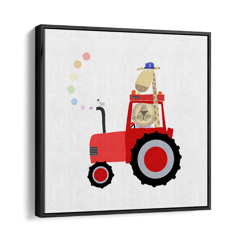 Giraffe And Lion In Red Tractor With Rainbow Spots By Carla Daly Kids Room Painting in Black Floater Frame