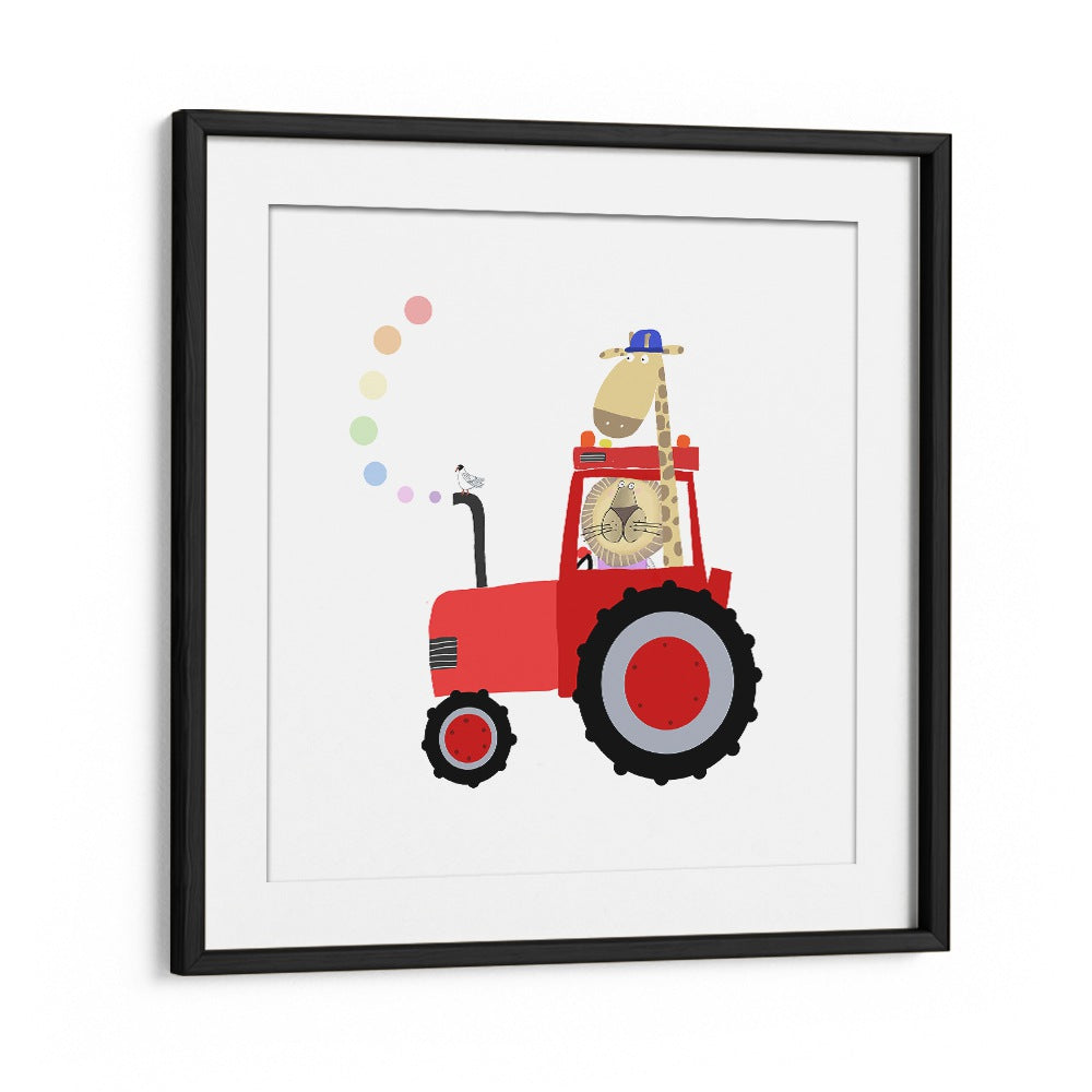 Giraffe And Lion In Red Tractor With Rainbow Spots By Carla Daly Kids Room Painting in Black Frame With Mount