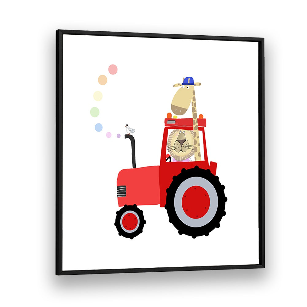 Giraffe And Lion In Red Tractor With Rainbow Spots By Carla Daly Kids Room Painting in Black Plain Frame