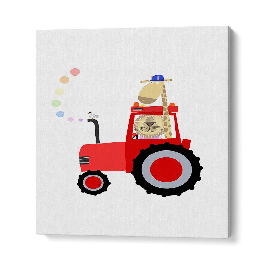 Giraffe And Lion In Red Tractor With Rainbow Spots By Carla Daly Kids Room Painting in Gallery Wrap