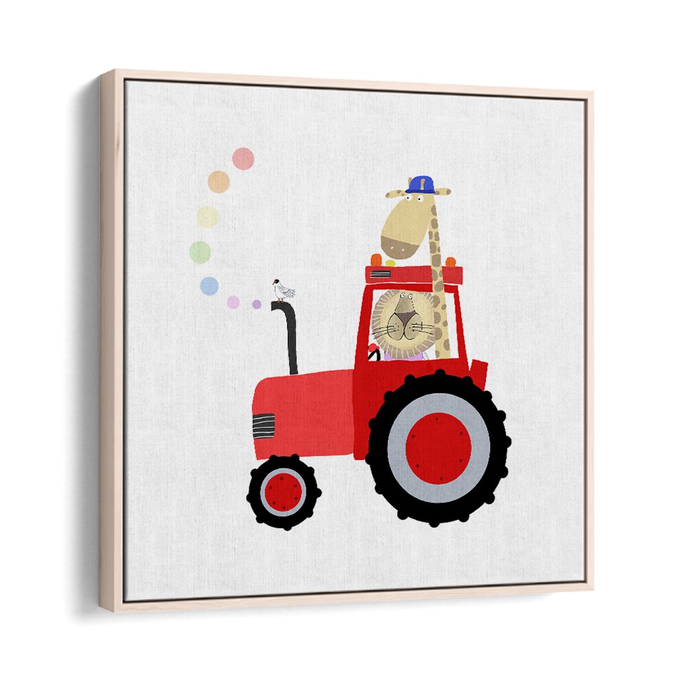 Giraffe And Lion In Red Tractor With Rainbow Spots By Carla Daly Kids Room Painting in Oak Wood Floater Frame