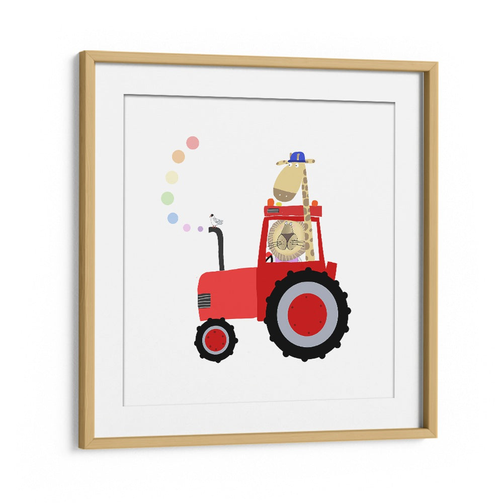 Giraffe And Lion In Red Tractor With Rainbow Spots By Carla Daly Kids Room Painting in Oak Wood Frame With Mount