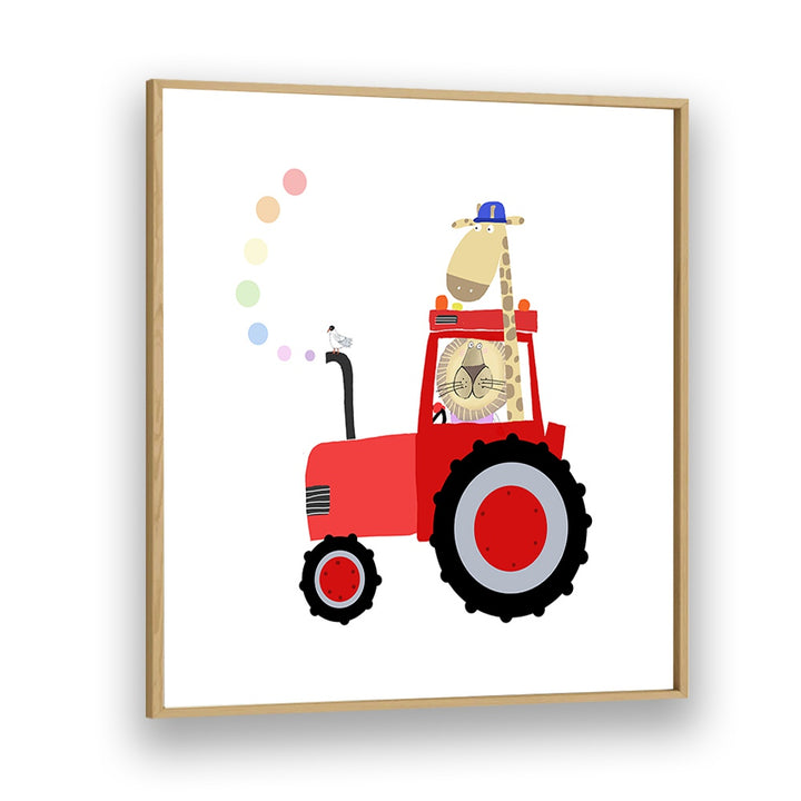 Giraffe And Lion In Red Tractor With Rainbow Spots By Carla Daly Kids Room Painting in Oak Wood Plain Frame