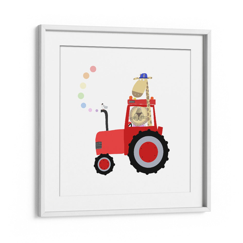 Giraffe And Lion In Red Tractor With Rainbow Spots By Carla Daly Kids Room Painting in White Frame With Mount