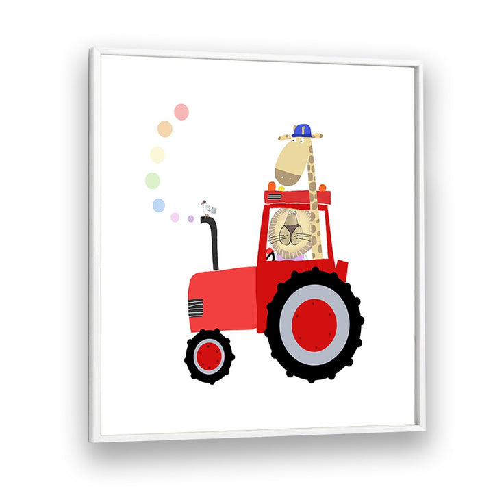 Giraffe And Lion In Red Tractor With Rainbow Spots By Carla Daly Kids Room Painting in White Plain Frame