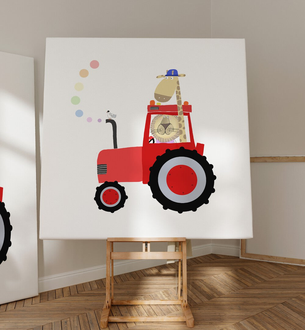 Giraffe And Lion In Red Tractor With Rainbow Spots By Carla Daly Kids Room Paintings placed on a wall
