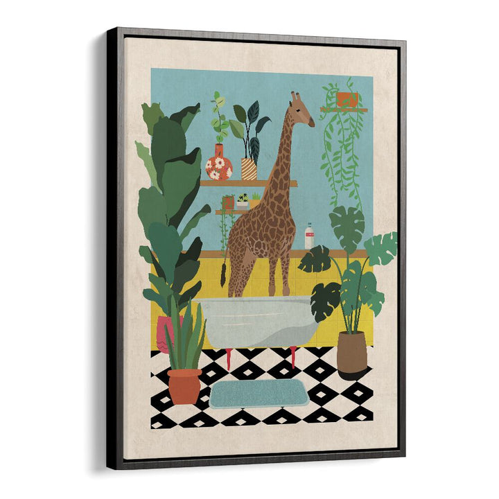 Giraffe Bathtime  Kids Room Art in Black Floater Frame