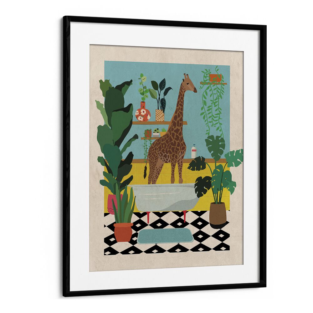 Giraffe Bathtime  Kids Room Art in Black Frame With Mount