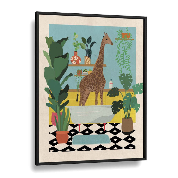 Giraffe Bathtime  Kids Room Art in Black Plain Frame