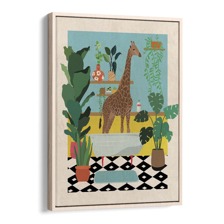 Giraffe Bathtime  Kids Room Art in Oak Wood Floater Frame