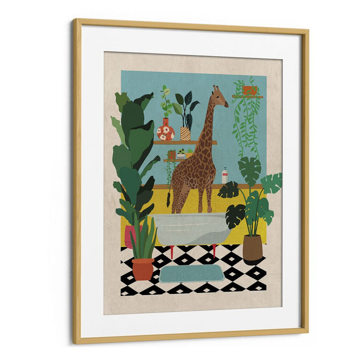 Giraffe Bathtime  Kids Room Art in Oak Wood Frame With Mount