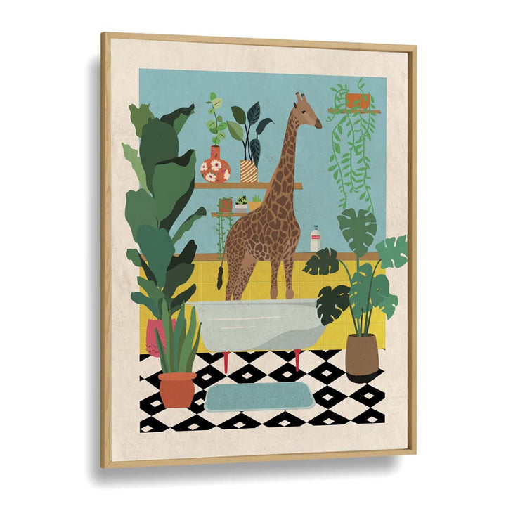 Giraffe Bathtime  Kids Room Art in Oak Wood Plain Frame