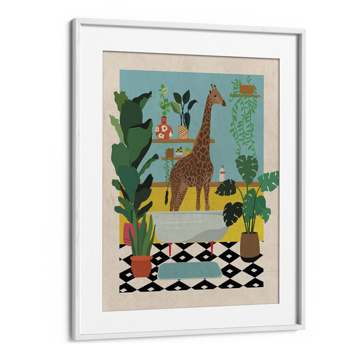 Giraffe Bathtime  Kids Room Art in White Frame With Mount