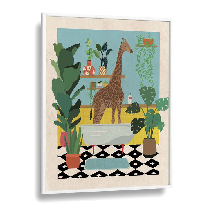 Giraffe Bathtime  Kids Room Art in White Plain Frame