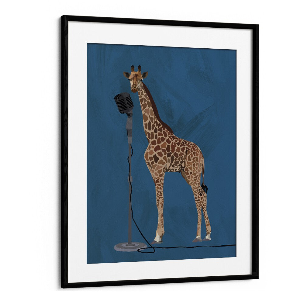 Giraffe Microphone  Kids Paintings in Black Frame With Mount