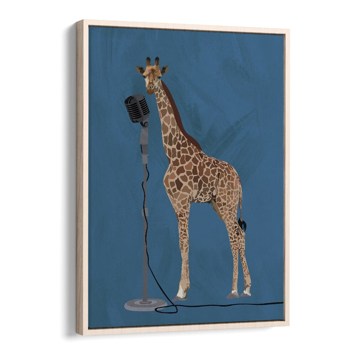 Giraffe Microphone  Kids Paintings in Oak Wood Floater Frame