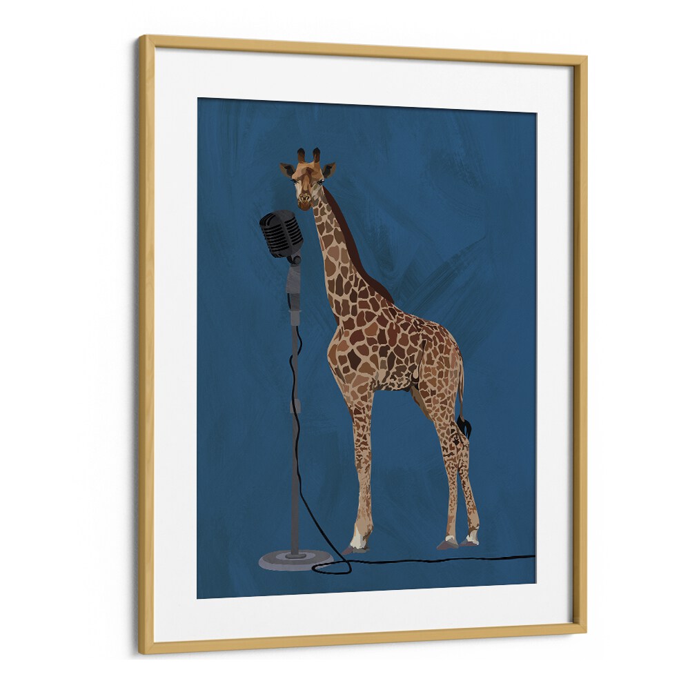 Giraffe Microphone  Kids Paintings in Oak Wood Frame With Mount