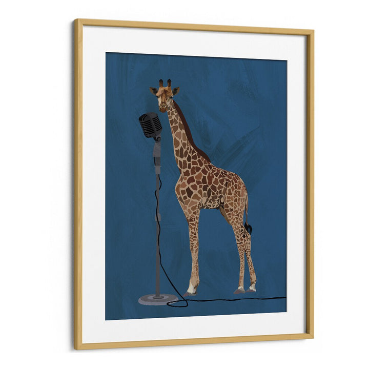 Giraffe Microphone  Kids Paintings in Oak Wood Frame With Mount