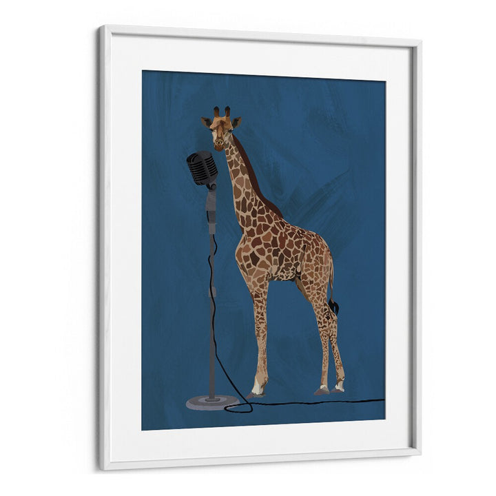 Giraffe Microphone  Kids Paintings in White Frame With Mount