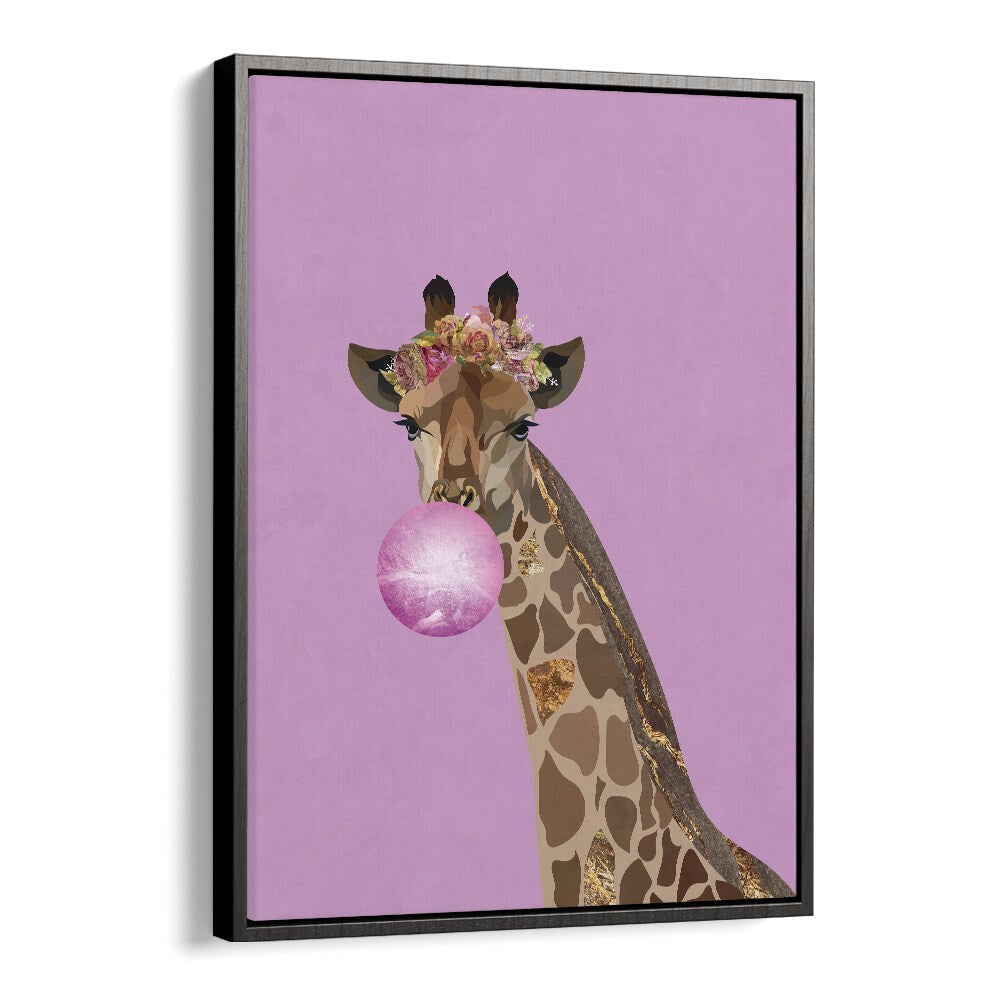 Giraffe Pink Bubblegum By Sarah Manovski Kids Room Art in Black Floater Frame