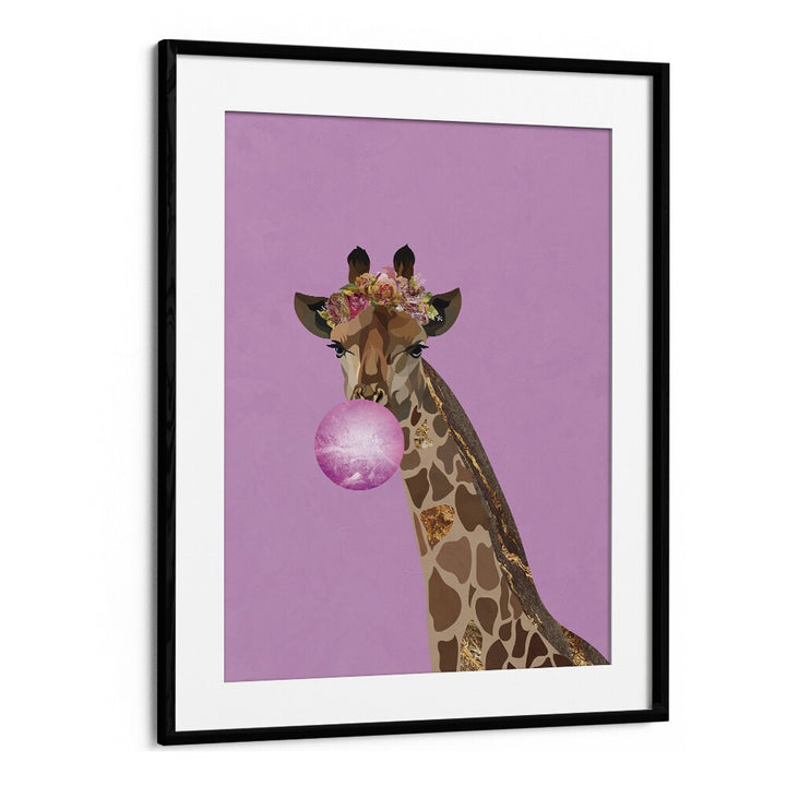 Giraffe Pink Bubblegum By Sarah Manovski Kids Room Art in Black Frame With Mount