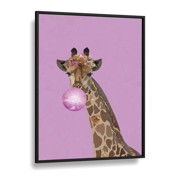 Giraffe Pink Bubblegum By Sarah Manovski Kids Room Art in Black Plain Frame