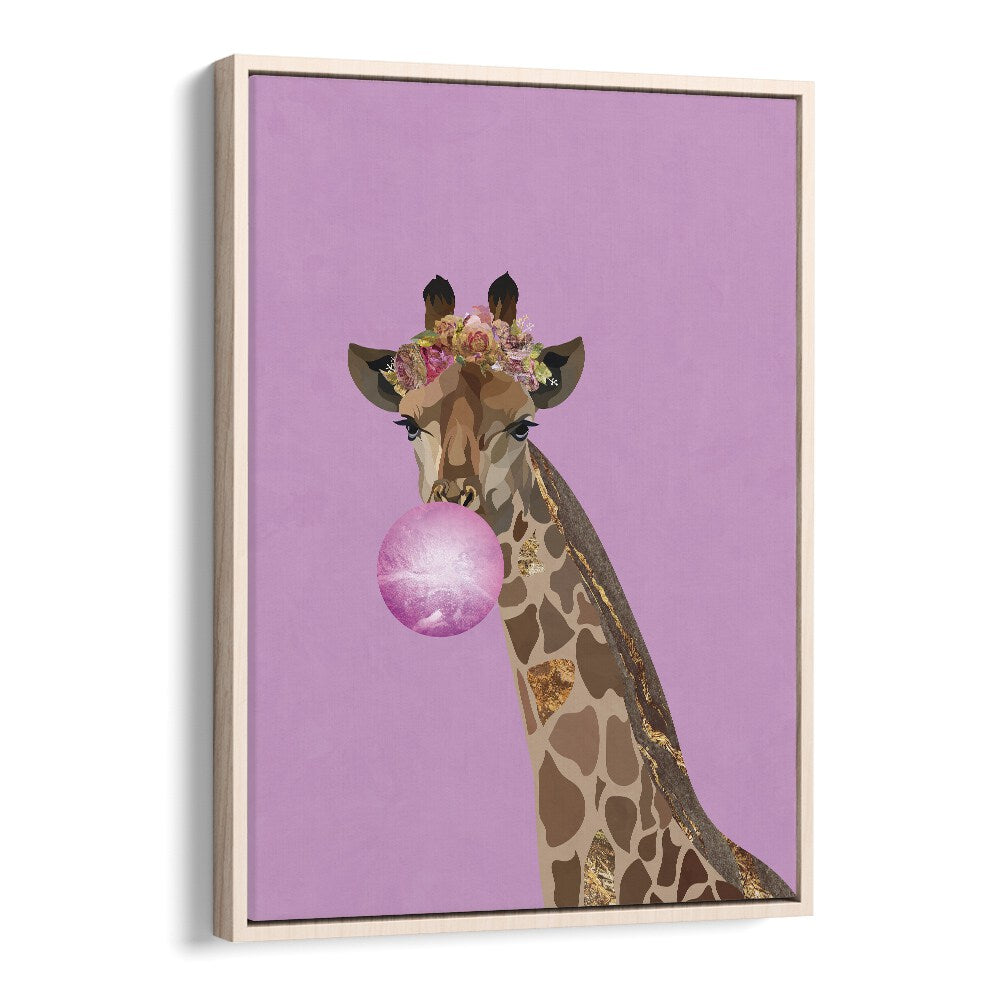 Giraffe Pink Bubblegum By Sarah Manovski Kids Room Art in Oak Wood Floater Frame