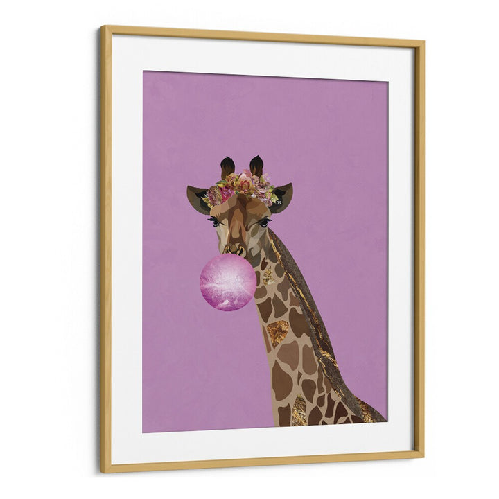 Giraffe Pink Bubblegum By Sarah Manovski Kids Room Art in Oak Wood Frame With Mount