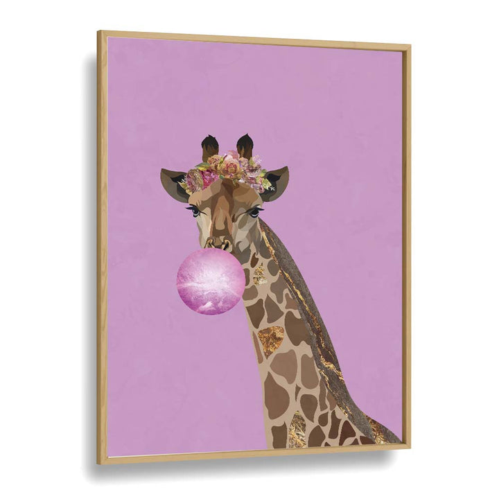 Giraffe Pink Bubblegum By Sarah Manovski Kids Room Art in Oak Wood Plain Frame