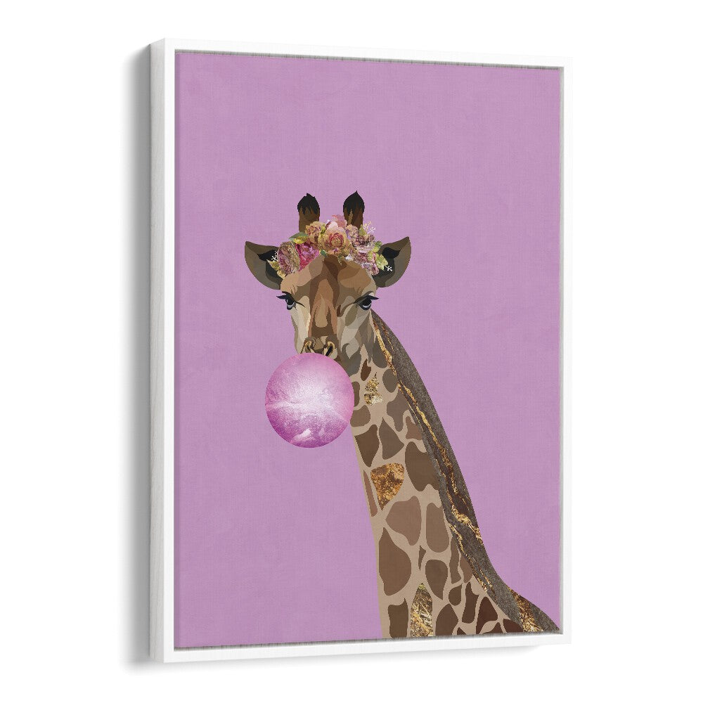 Giraffe Pink Bubblegum By Sarah Manovski Kids Room Art in White Floater Frame