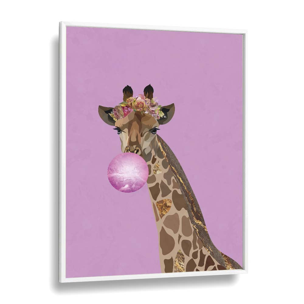 Giraffe Pink Bubblegum By Sarah Manovski Kids Room Art in White Plain Frame