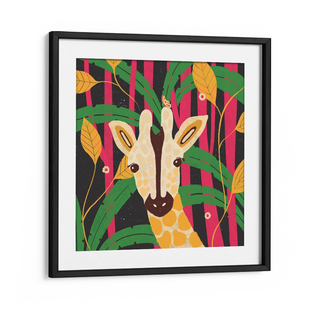 Giraffe-animal Trilogy By Shriya Bhattacharya Kids Paintings in Black Frame With Mount