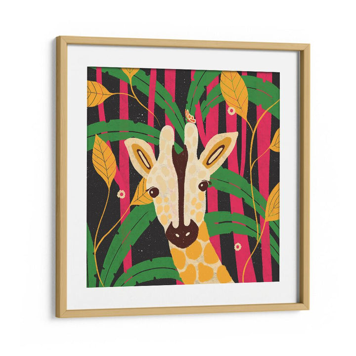 Giraffe-animal Trilogy By Shriya Bhattacharya Kids Paintings in Oak Wood Frame With Mount