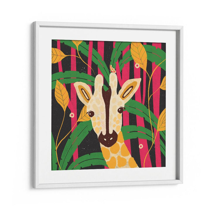 Giraffe-animal Trilogy By Shriya Bhattacharya Kids Paintings in White Frame With Mount