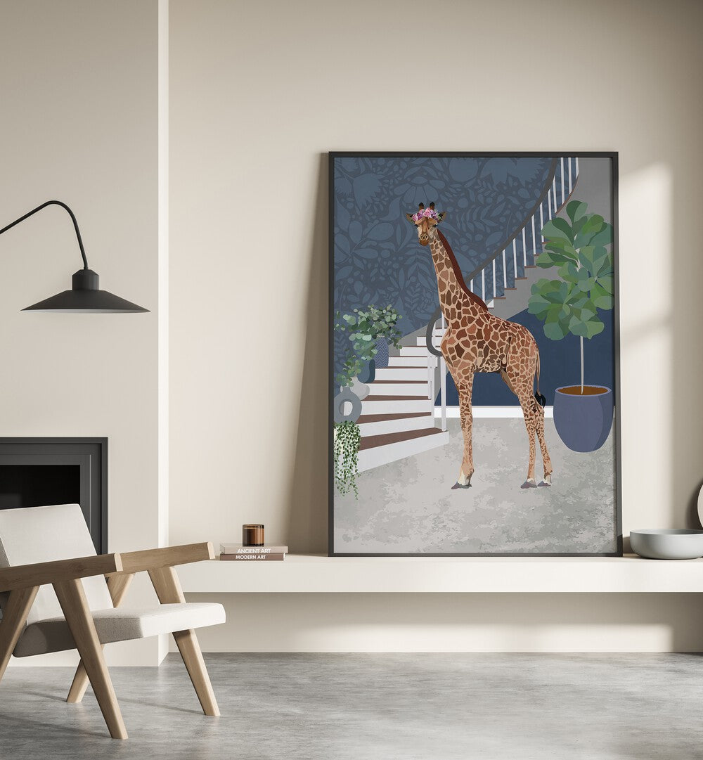 Giraffe by the Stairs By Sarah Manovski Wildlife Paintings placed on wall 