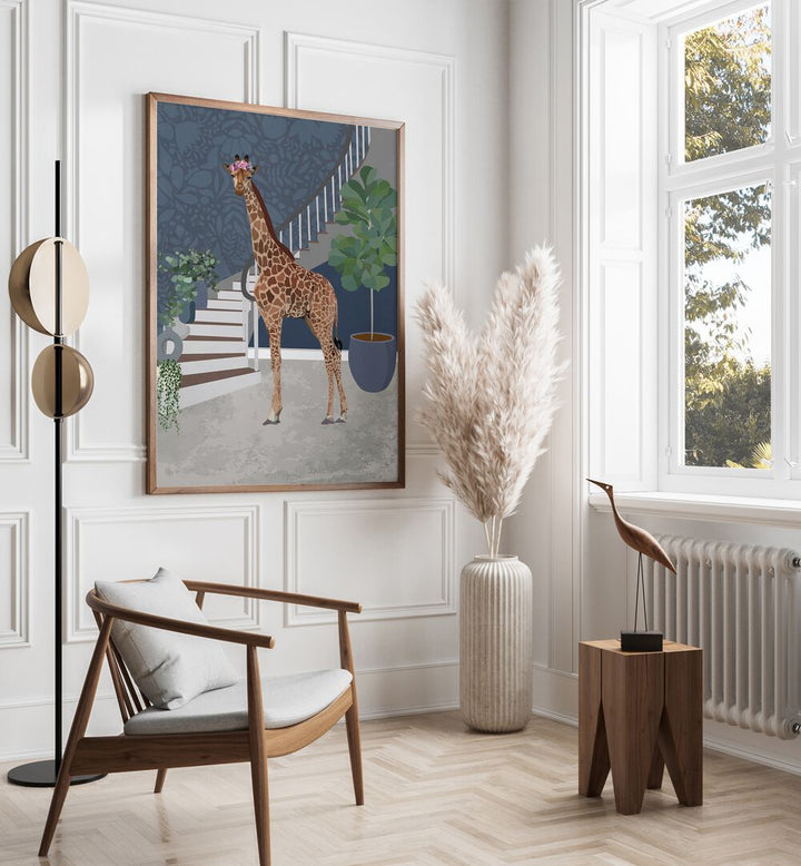 Giraffe by the Stairs By Sarah Manovski Wildlife Paintings placed on wall 