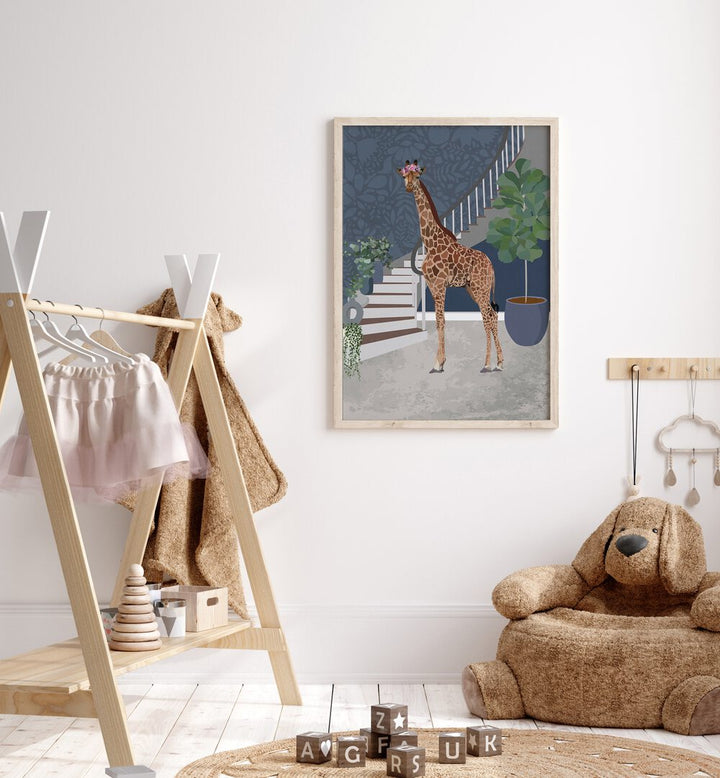 Giraffe by the Stairs By Sarah Manovski Wildlife Paintings placed on wall 