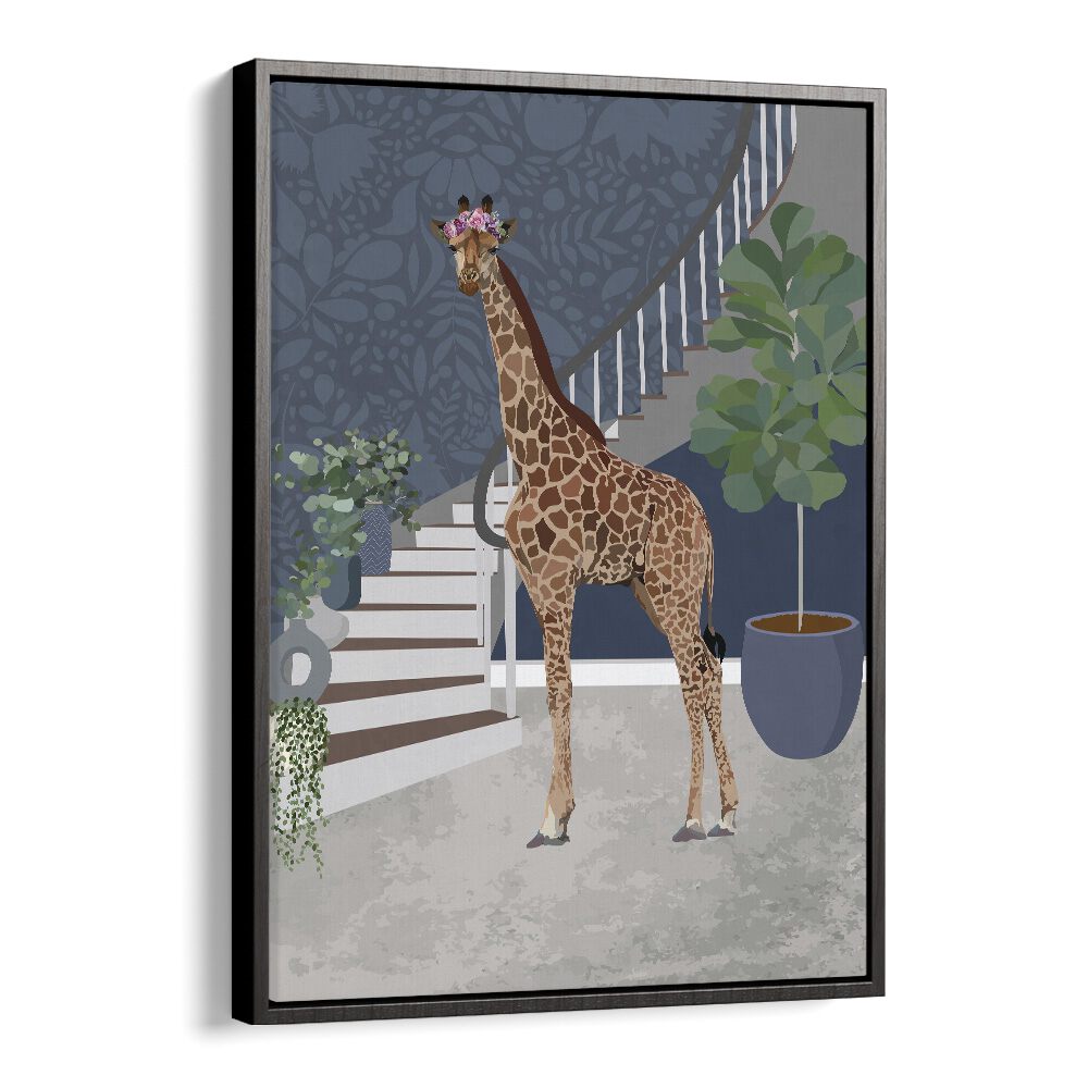 Giraffe by the Stairs By Sarah Manovski Wildlife Paintings in Black Floater Frame