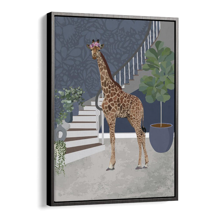 Giraffe by the Stairs By Sarah Manovski Wildlife Paintings in Black Floater Frame