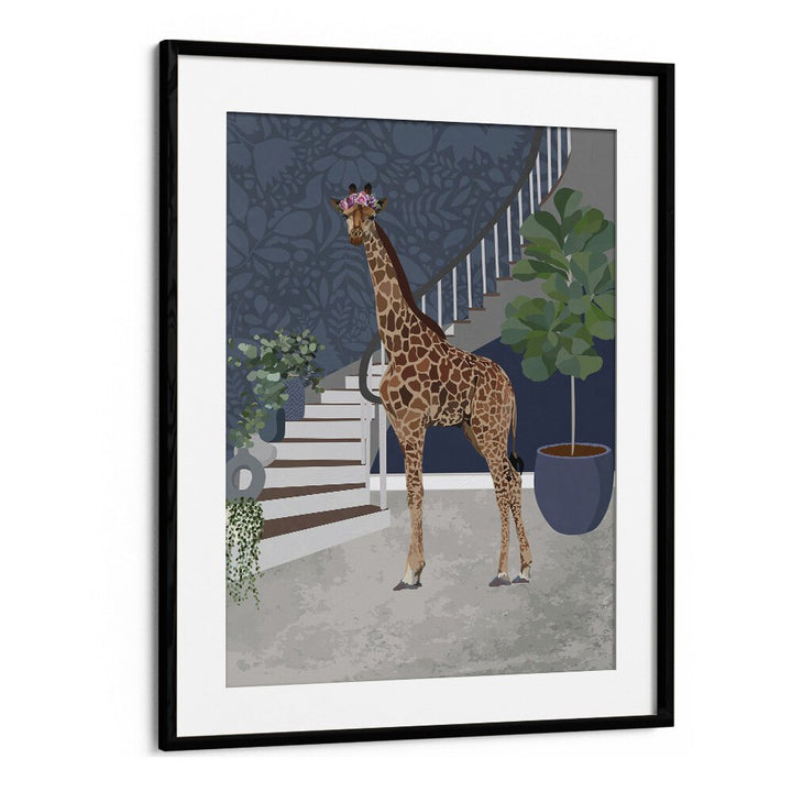 Giraffe by the Stairs By Sarah Manovski Wildlife Paintings in Black Frame With Mount