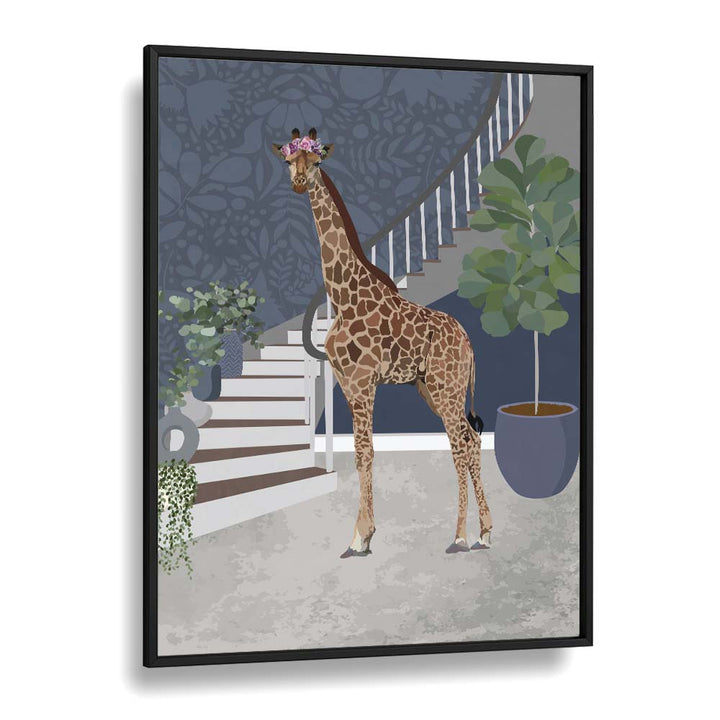 Giraffe by the Stairs By Sarah Manovski Wildlife Paintings in Black Plain Frame