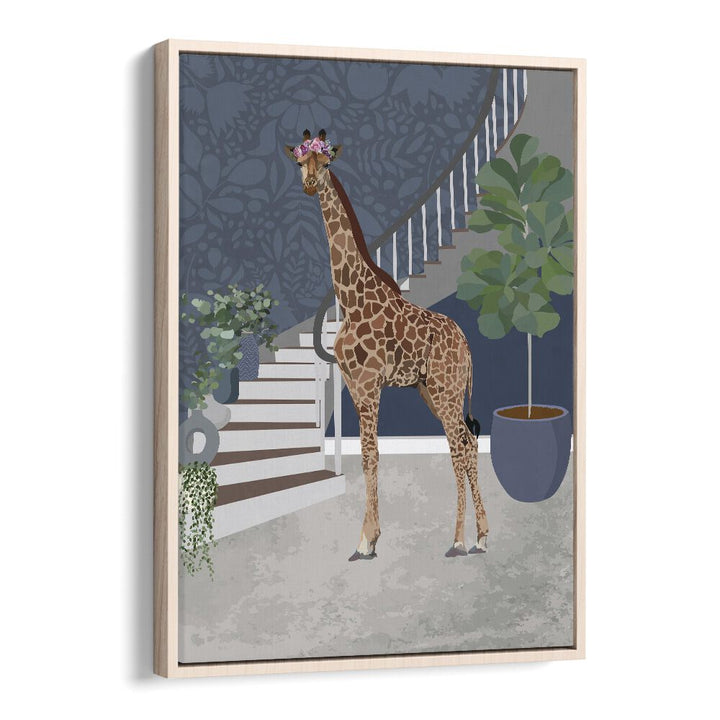 Giraffe by the Stairs By Sarah Manovski Wildlife Paintings in Oak Wood Floater Frame