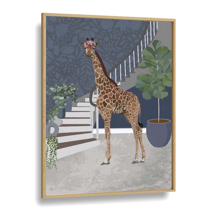 Giraffe by the Stairs By Sarah Manovski Wildlife Paintings in Oak Wood Plain Frame