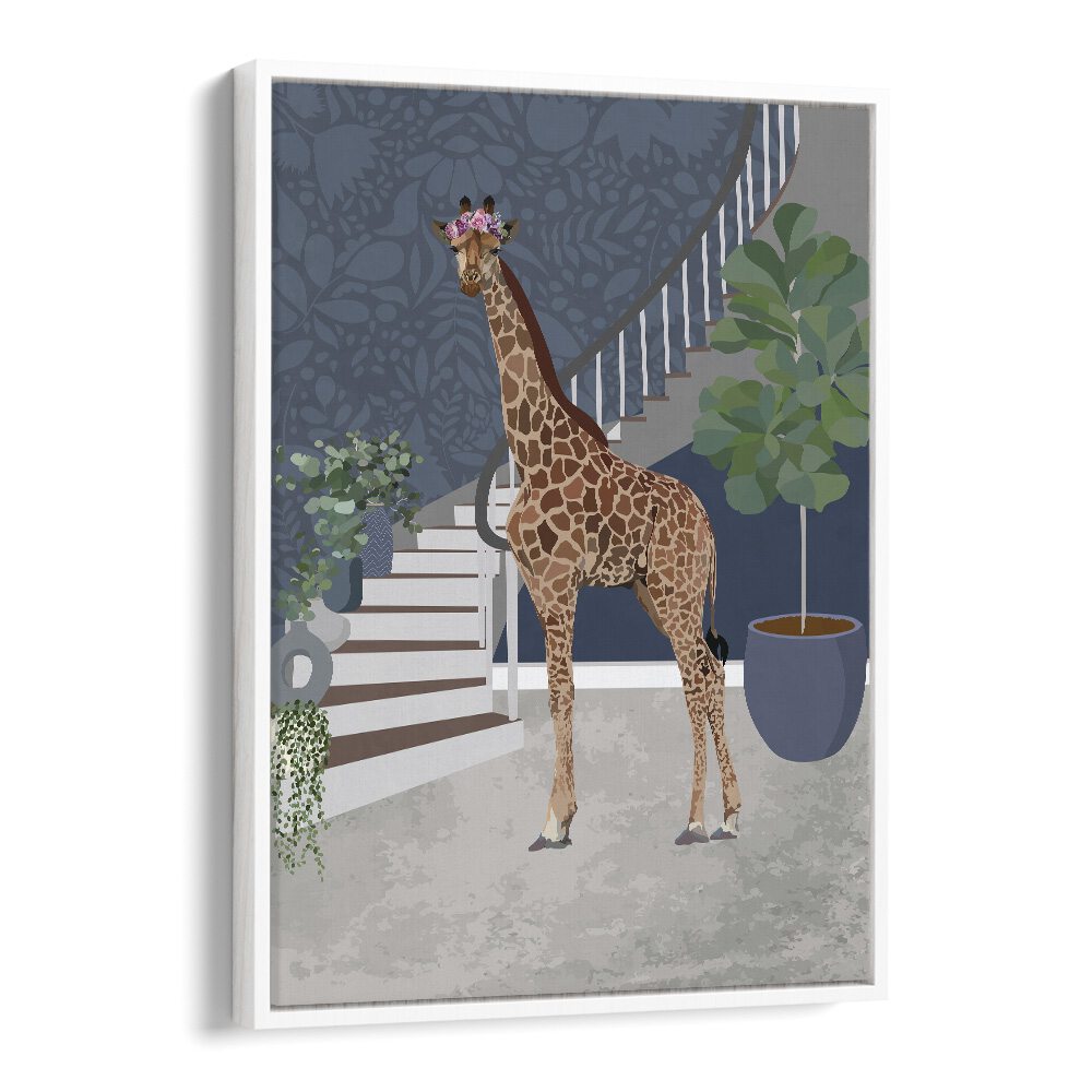 Giraffe by the Stairs By Sarah Manovski Wildlife Paintings in White Floater Frame