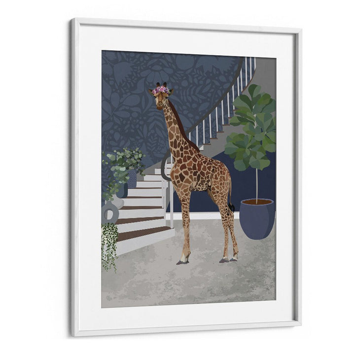 Giraffe by the Stairs By Sarah Manovski Wildlife Paintings in White Frame With Mount