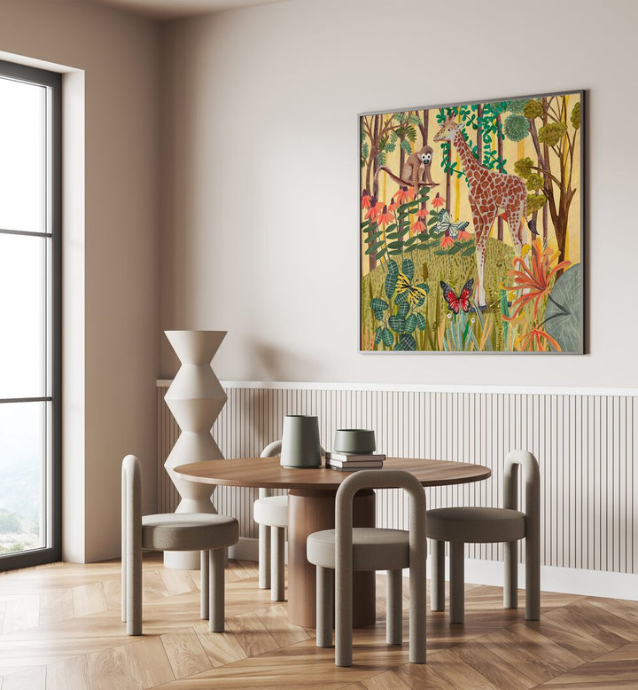 Giraffe in Nature By Caroline Bonne Muller Wildlife Paintings in Black Plain Frame on a wall behind a dining table for dining area